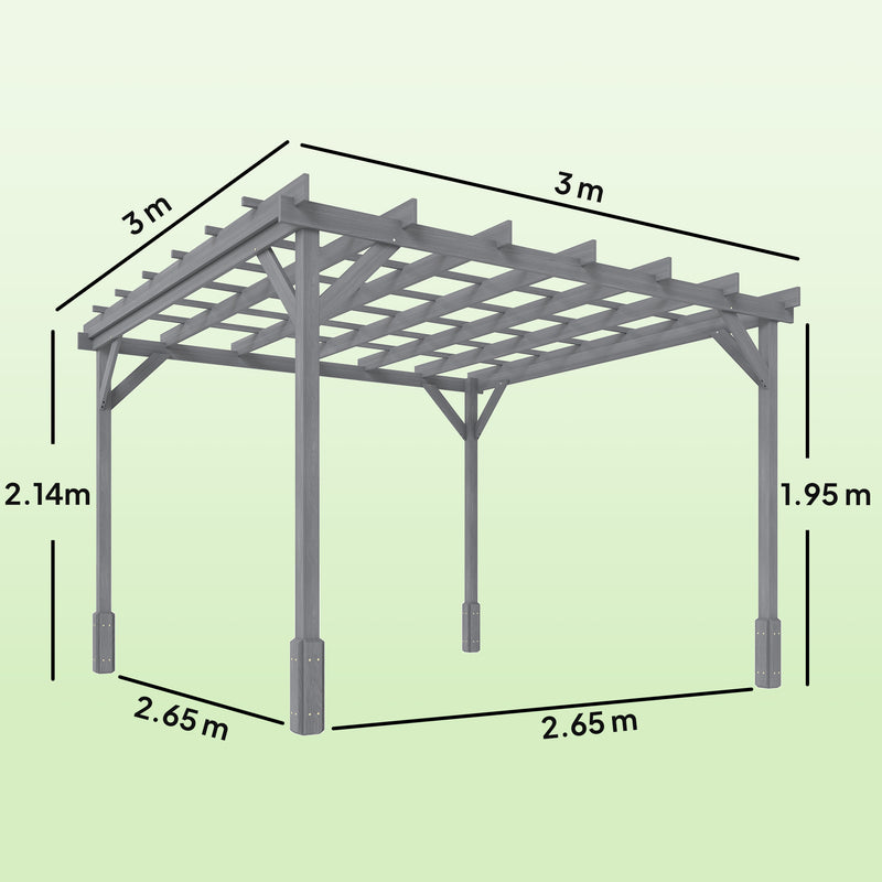 3x3m Grey Wooden Garden Pergola Kit for Shaded Outdoor Relaxing and Climbing Plants Support Outsunny