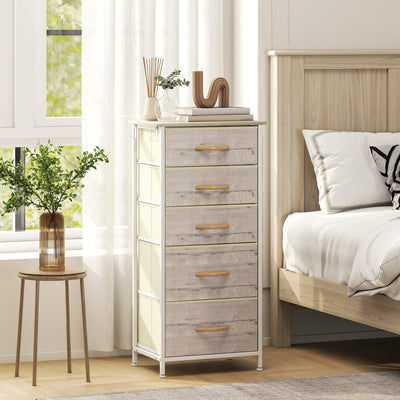 Tall Fabric Chest of 5 Drawers with Wood Frame Ideal for Bedroom Storage Natural Wood