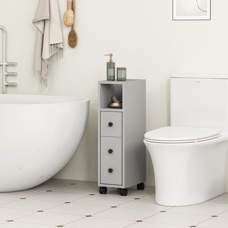 Grey Slimline Bathroom Storage Cabinet with Shelves and Cupboard by kleankin