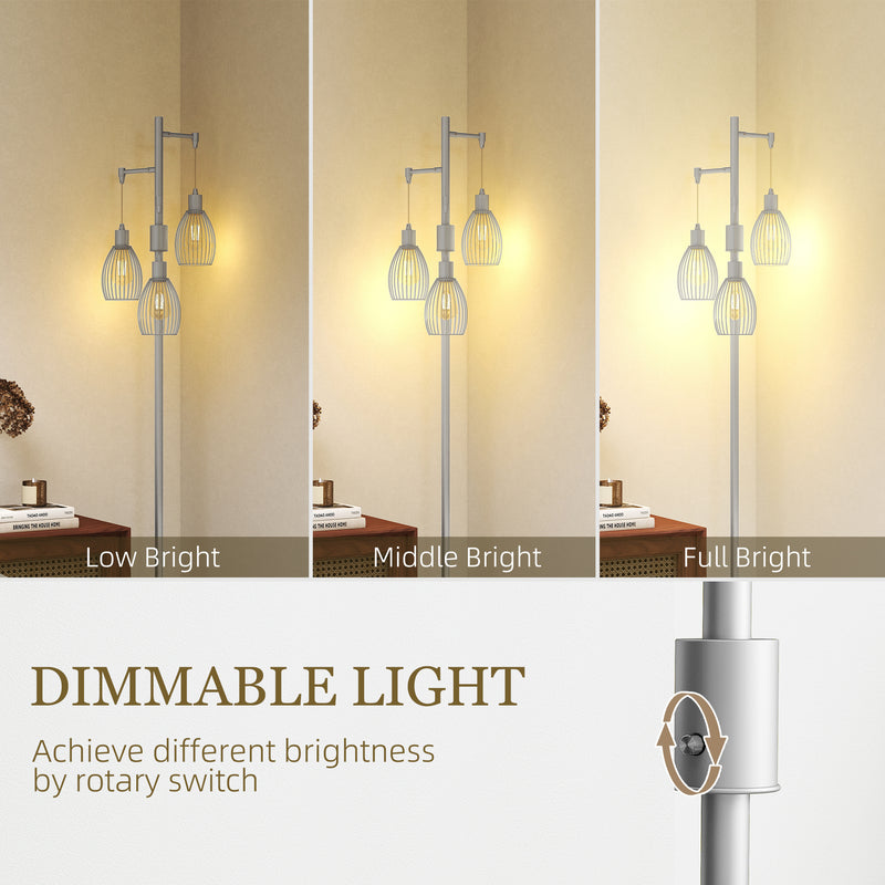 Silver 3 Light Industrial Floor Lamp 170cm Dimmable Steel Shades for Lounge or Bedroom by HOMCOM