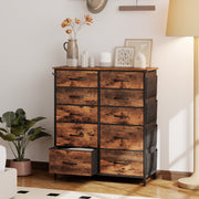 Tall Fabric Chest of Ten Drawers With Wood Top For Bedroom Or Hallway Storage, Rustic Brown