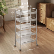 Five Tier Steel Mesh Storage Trolley With Rolling Wheels For Home Organisation, White