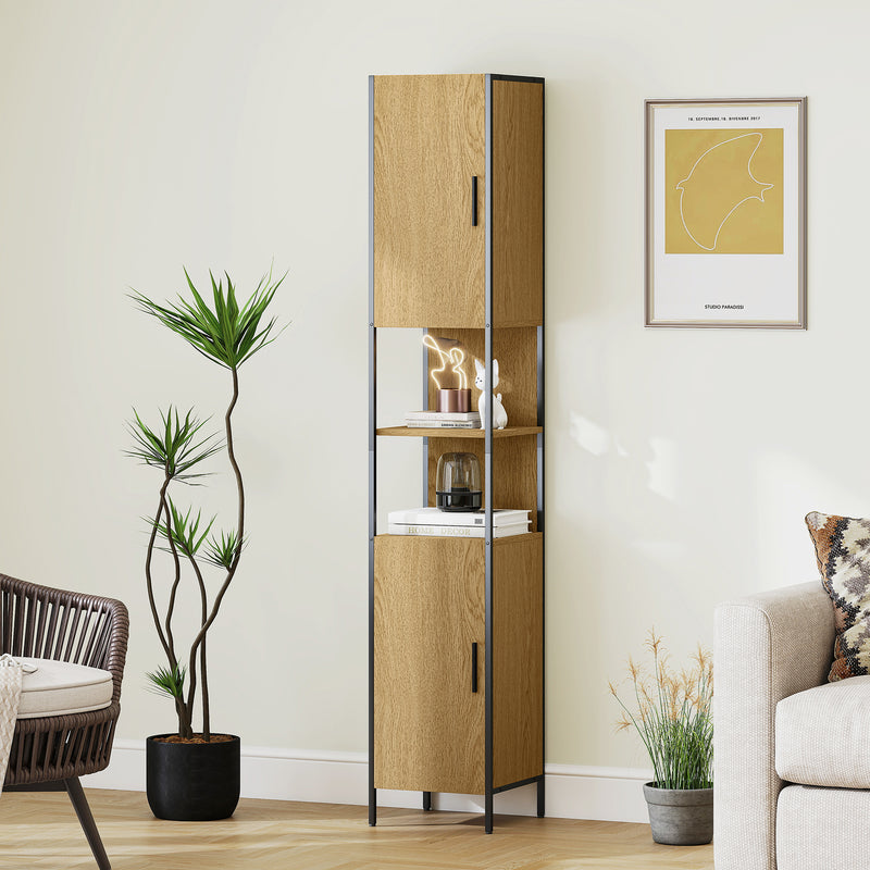 Tall Bathroom Storage Cabinet with Doors Adjustable Shelves and Open Shelves, Natural Wood