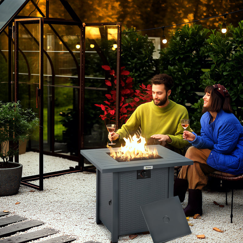 Grey Rattan Style Propane Gas Fire Pit Table 40000 BTU with Cover and Lava Rocks by Outsunny