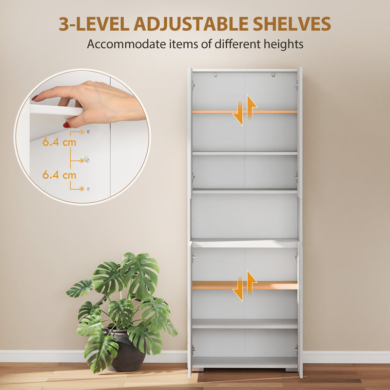 Tall Cupboard For Kitchen Storage with Adjustable Shelves and Soft Close Doors Modern White High Gloss 68x34x180cm Homcom