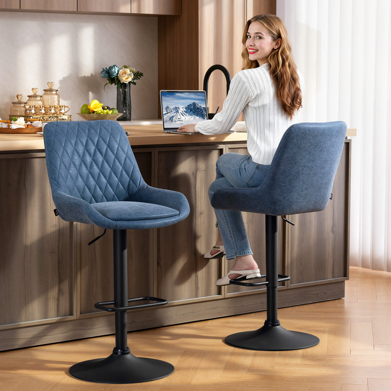 Set of 2 Retro Bar Stools with Adjustable Height and Padded Seat for Kitchen Dark Blue