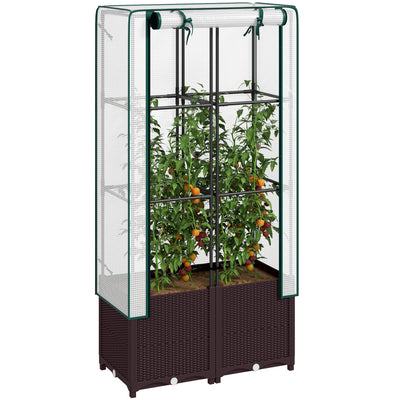 Raised Garden Bed with Trellis Plastic Planter Box with Drainage for Climbing Plants by Outsunny