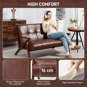 Compact 2 Seater PU Leather Sofa With Tufted Back And Wooden Legs For Home Office Brown