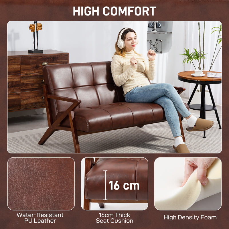 Compact 2 Seater PU Leather Sofa With Tufted Back And Wooden Legs For Home Office Brown