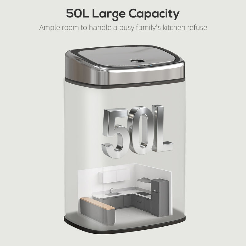 50L Touchless Kitchen Rubbish Bin with Motion Sensor Lid for Home or Office Silver