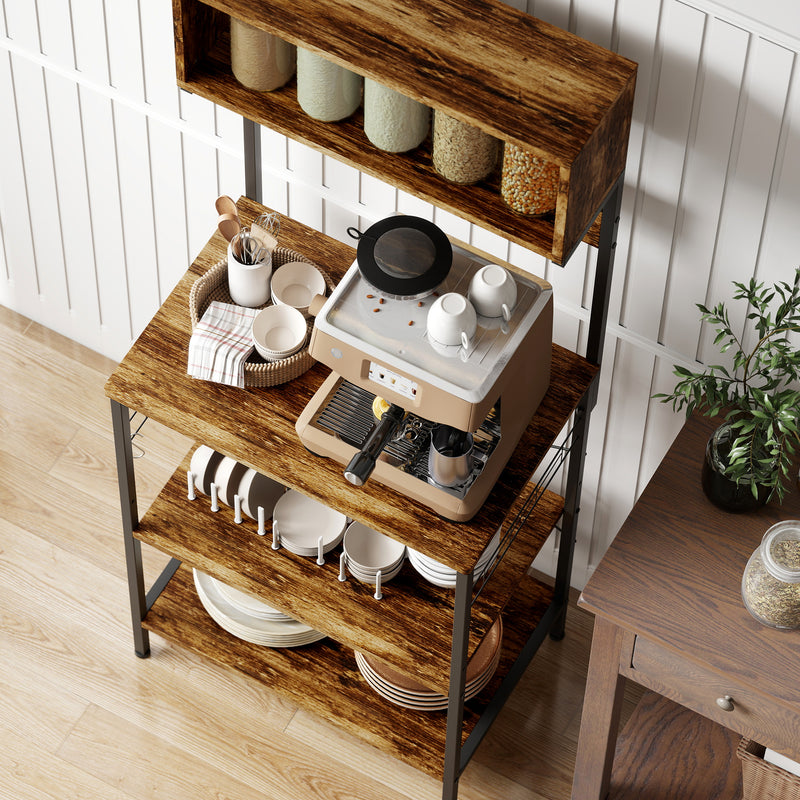 Kitchen Storage Rack with Power Outlet USB Ports Adjustable Shelves and Hooks Rustic Brown