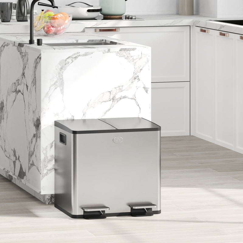 30L Dual Compartment Kitchen Recycling Bin with Deodoriser Holders Stainless Steel Silver