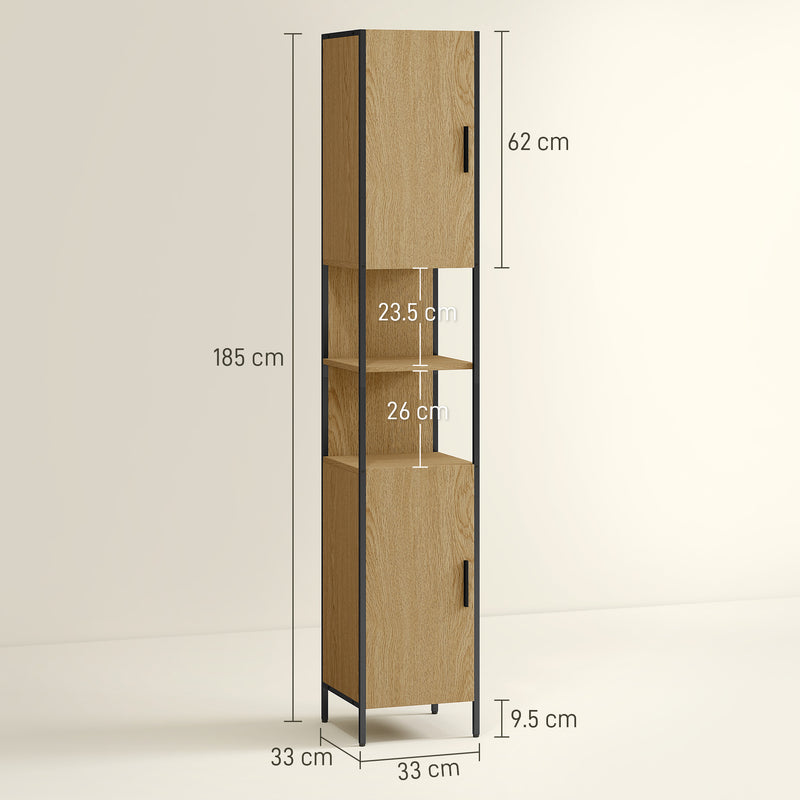 Tall Bathroom Storage Cabinet with Doors Adjustable Shelves and Open Shelves, Natural Wood