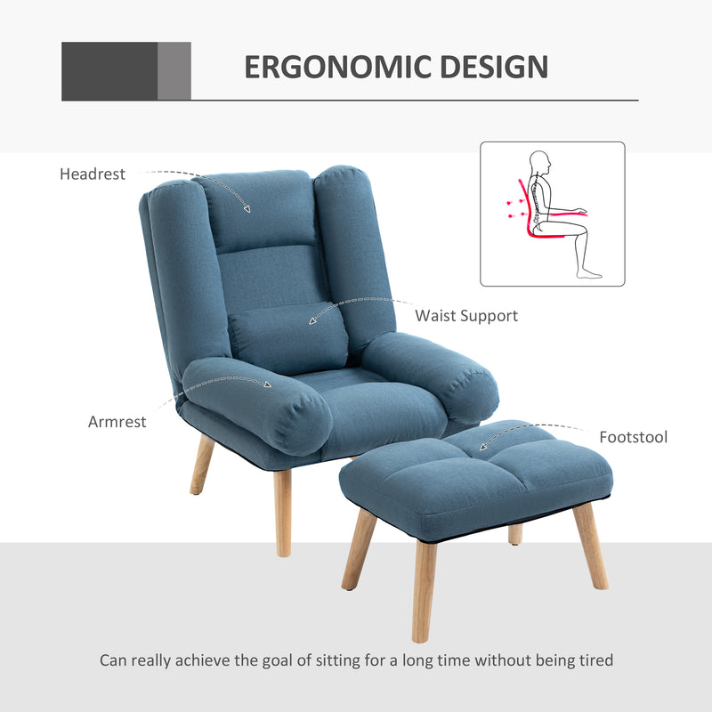 Reclining Armchair With Footstool and Adjustable Backrest For Living Room Comfort Blue