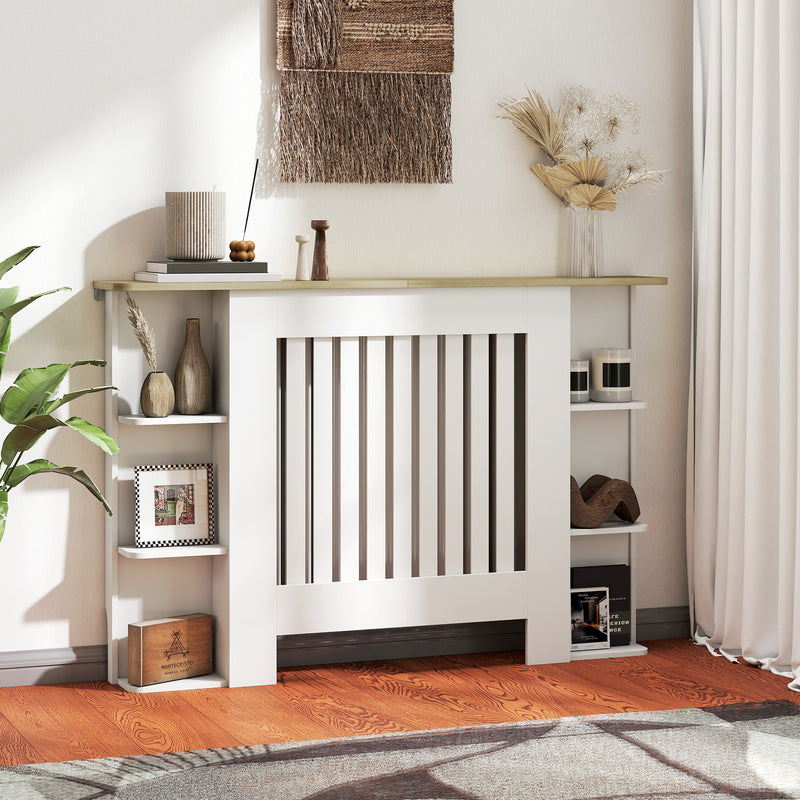 White Radiator Cover Cabinet with Open Shelves Ideal for Living Room or Hallway, 124W x 19D x 83H cm