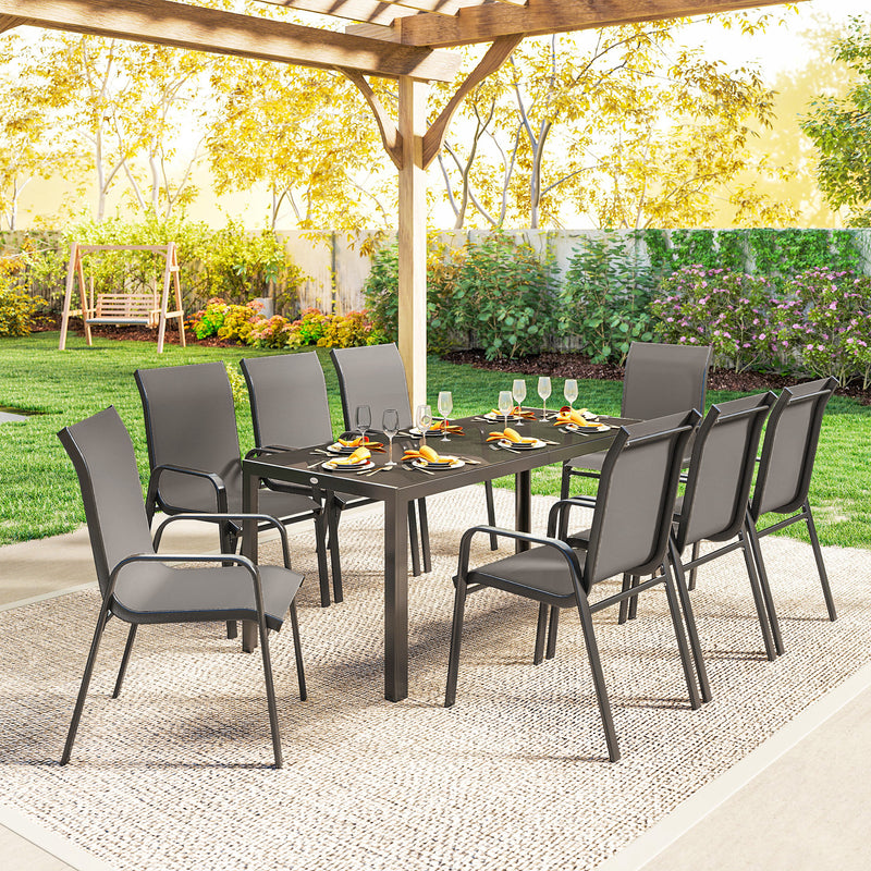 8 Seater Garden Dining Set with Large Rectangular Black Glass Table and Weatherproof Stackable Chairs Outsunny