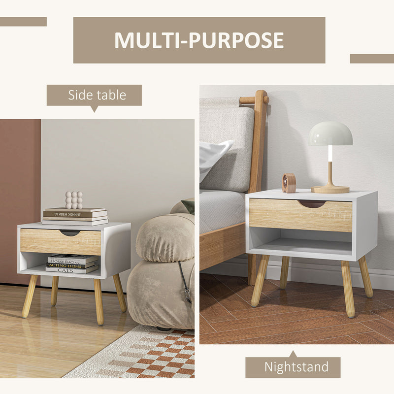 Set of 2 Modern Bedside Tables with Drawer and Shelf for Bedroom or Living Room White