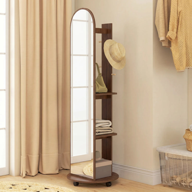 Full Length Mirror with Shelves and Hooks for Bedroom Storage on Wheels Brown Wood Effect Homcom