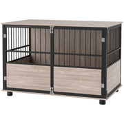 Large Dog Crate End Table with Washable Cushion and Triple Doors for Indoor Use Grey