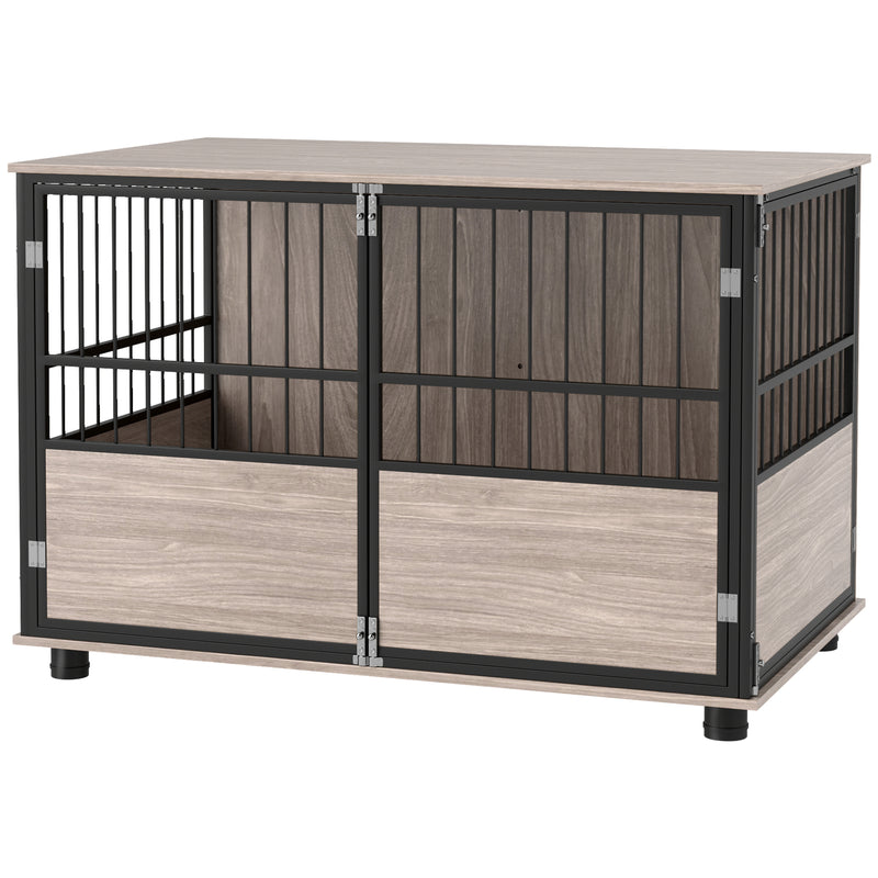Large Dog Crate End Table with Washable Cushion and Triple Doors for Indoor Use Grey