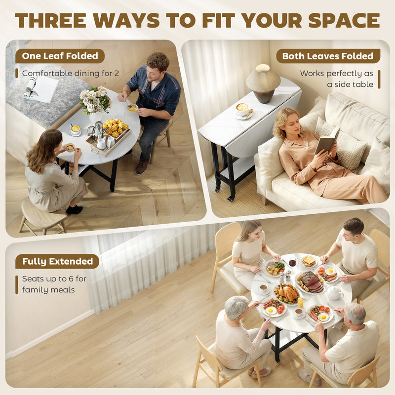 Folding Dining Table with Storage Shelf and Wheels for Small Spaces White Marble Homcom