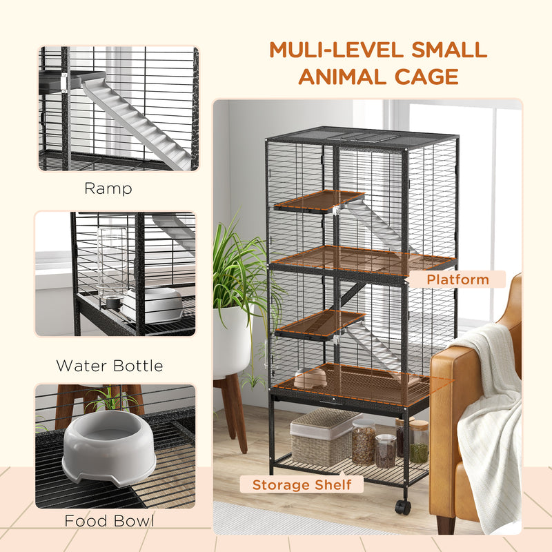 Rolling Small Animal Cage with Storage Shelf and Accessories for Ferrets or Chinchillas, Grey