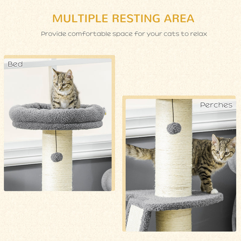 Cat Tree Tower with Scratching Posts Bed and Hanging Toy for Indoor Cats, Dark Grey