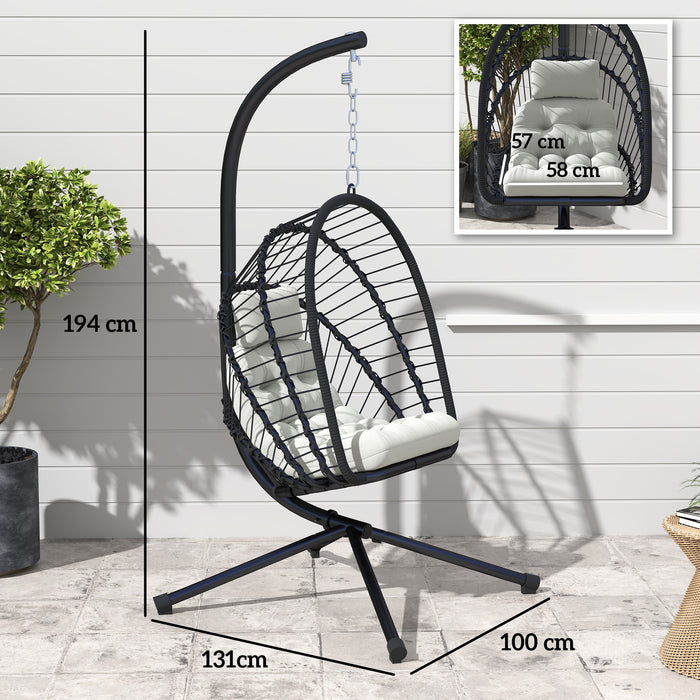 Black Rattan Hanging Egg Chair with Cushion and Metal Stand for Garden or Indoor Use by Outsunny