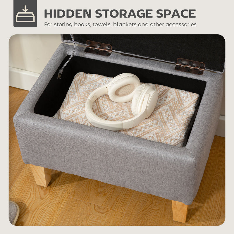 Light Grey Linen Storage Ottoman with Padded Seat and Wooden Legs for Bedroom or Hallway 49W x 33D x 36H cm