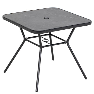Square Garden Coffee Table With Faux Marble Top And Parasol Hole For Patio Use