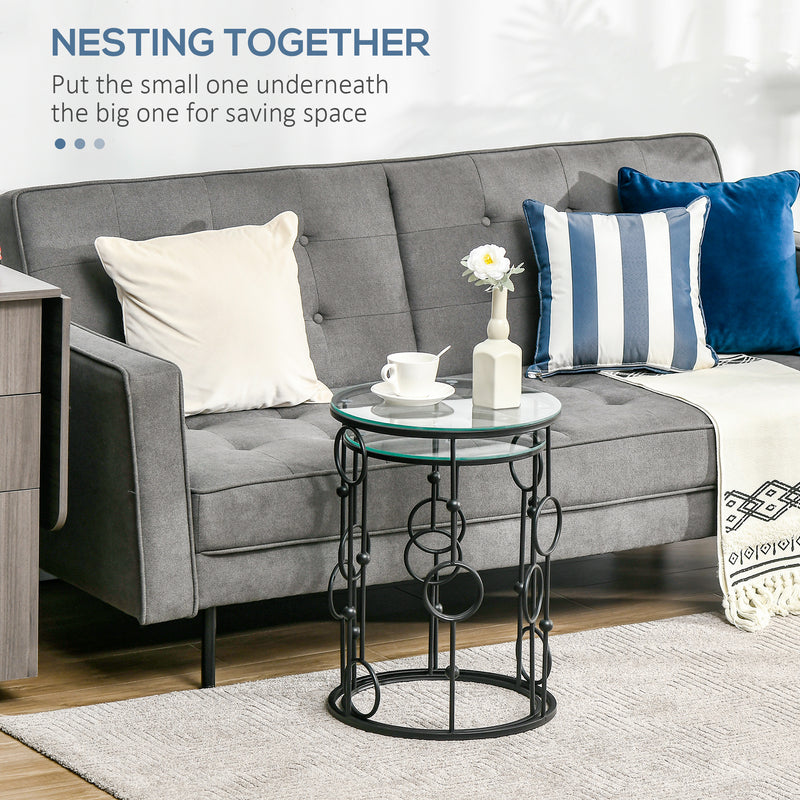 Nesting Side Tables Set of 2 Space Saving Coffee Tables with Glass Tops Black