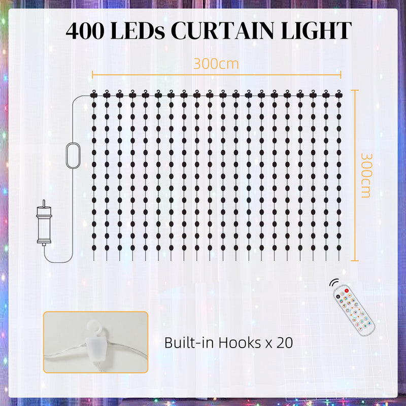 LED Curtain Fairy Lights 3x3m with Remote App Control 400 RGBIC Colour Changing by HOMCOM