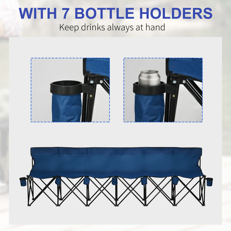 Folding 6 Seater Bench for Easy Group Seating with Cup Holders and Carry Bag Blue