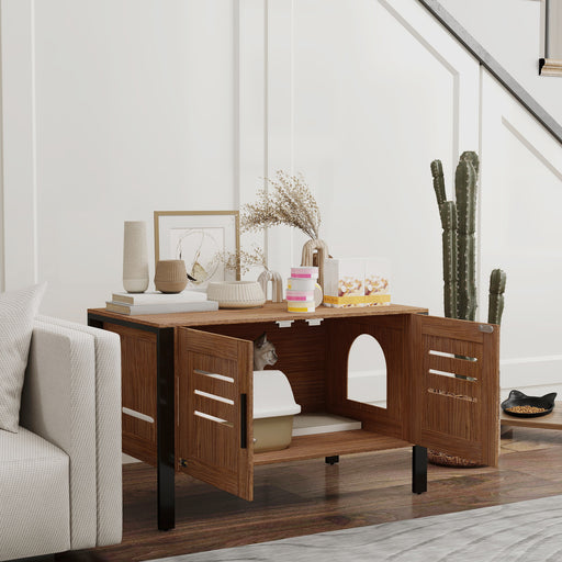 Dark Brown Cat Litter Box Enclosure With Scratcher Legs Double Doors and Ventilation Holes