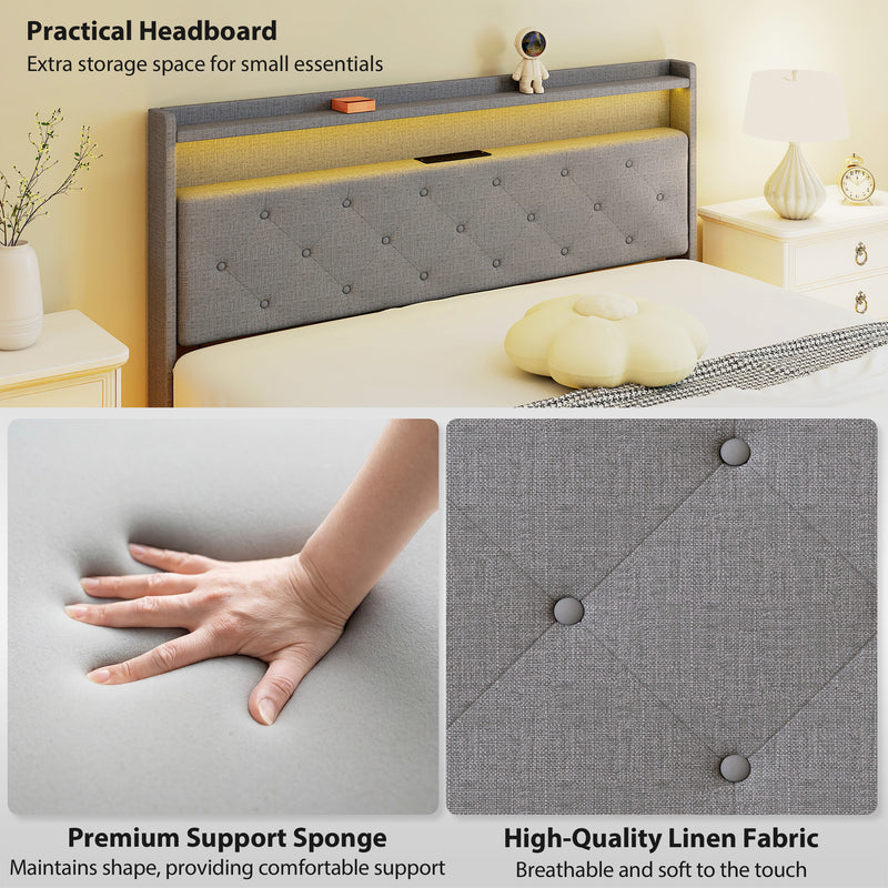 King Size Floating Bed Frame with LED Lights, Charging Ports and Storage Shelves, Grey Homcom