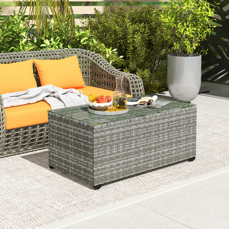 Light Grey Rattan Side Table with 90 x 50cm Glass Top for Garden or Patio by Outsunny