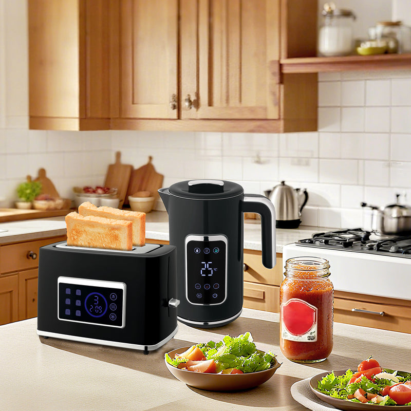 Touch Screen Kettle and Toaster Set With Fast Boil Function For Modern Kitchens Black