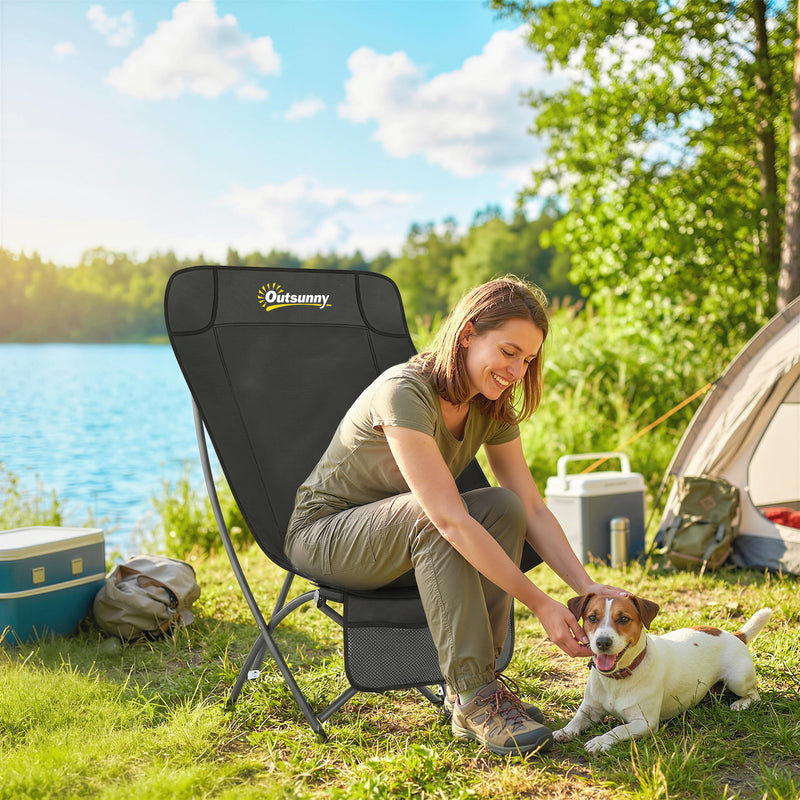 Folding Moon Camping Chair with Supportive Seat and Side Pocket for Outdoor Comfort Black