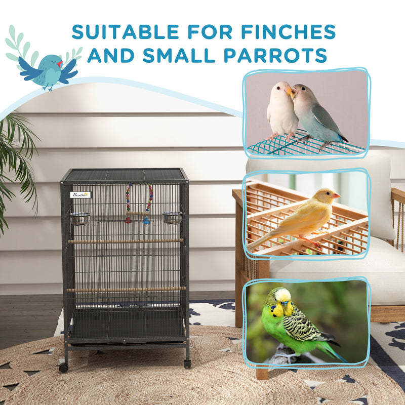 Bird Cage With Rolling Stand For Budgies And Small Birds Easy Access Design, Grey