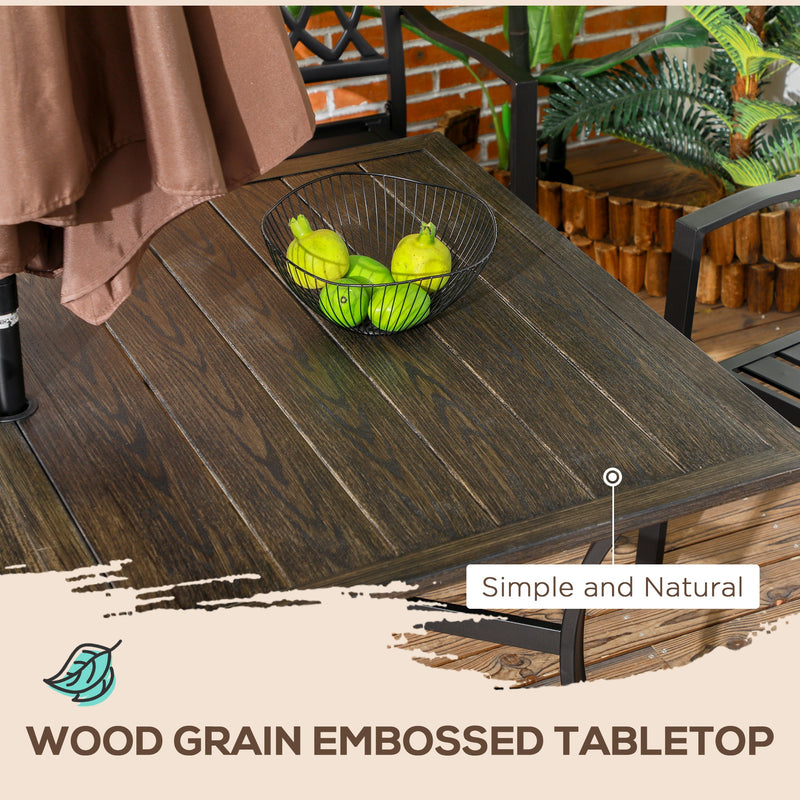 Six Seater Steel Rectangular Garden Table With Parasol Hole Wood Effect Ideal For Outdoor Dining
