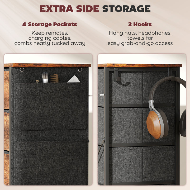 Tall Fabric Chest of 5 Drawers with Wood Top for Bedroom or Closet Storage Rustic Brown