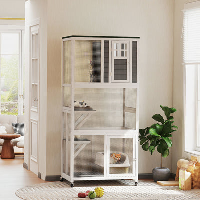 Wooden Outdoor Catio Enclosure With Platforms and Roof For Multiple Cats, White PawHut