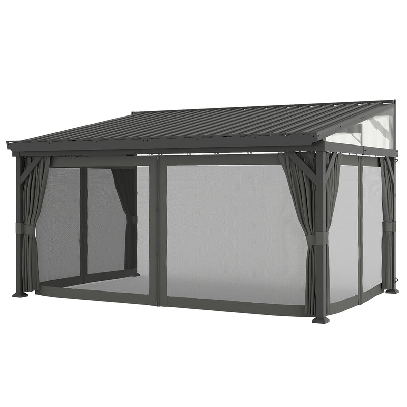 Lean To Steel Roof Garden Pergola With Netting Ideal For Patios And Outdoor Shade Dark Grey AOSOM