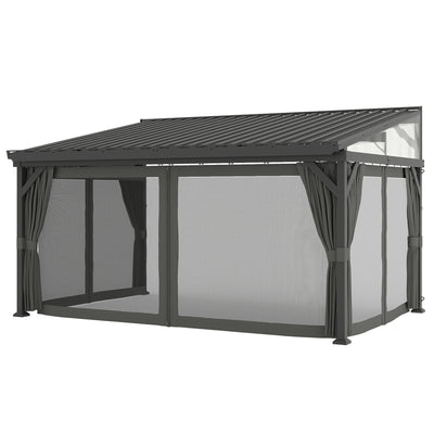 Lean To Steel Roof Garden Pergola With Netting Ideal For Patios And Outdoor Shade Dark Grey AOSOM