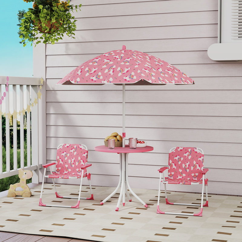 Kids Garden Table and Chair Set with Umbrella for Outdoor Playtime 4 Piece Pink AOSOM