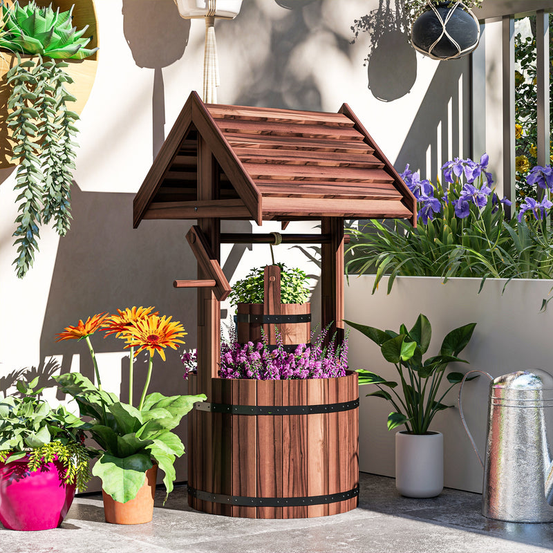 Outsunny Wood Wishing Well for Outside with Hanging Bucket, Wishing Well Planter with Drain Hole for Garden Patio, Carbonized AOSOM