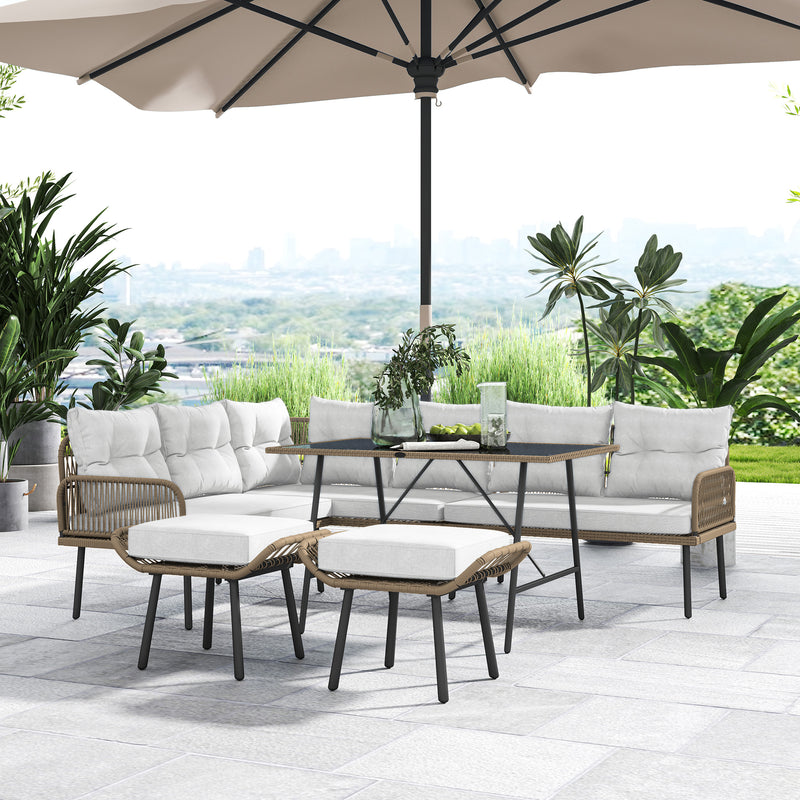 6 Seater Rattan Garden Sofa Set With Cushions and Glass Table by Outsunny