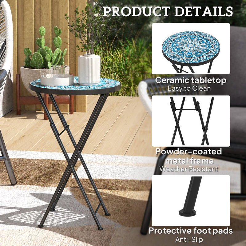 Blue Round Mosaic Garden Side Table 35.5cm Folding Metal Frame for Balcony or Patio