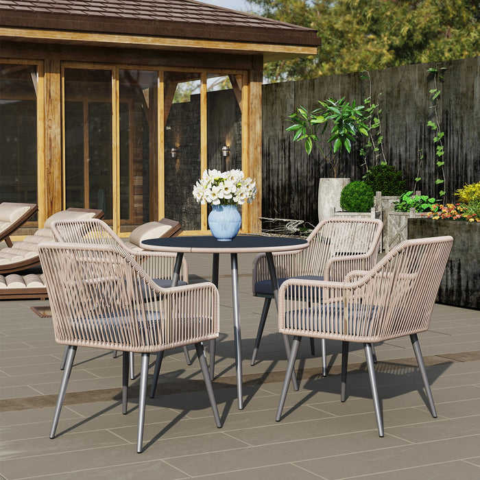 Light Brown 4 Seater Rattan Patio Dining Set With Cushions and Parasol Hole by Outsunny