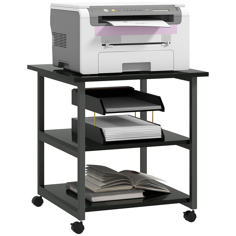 Three Tier Steel Printer Stand on Wheels for Home Office Storage, Black